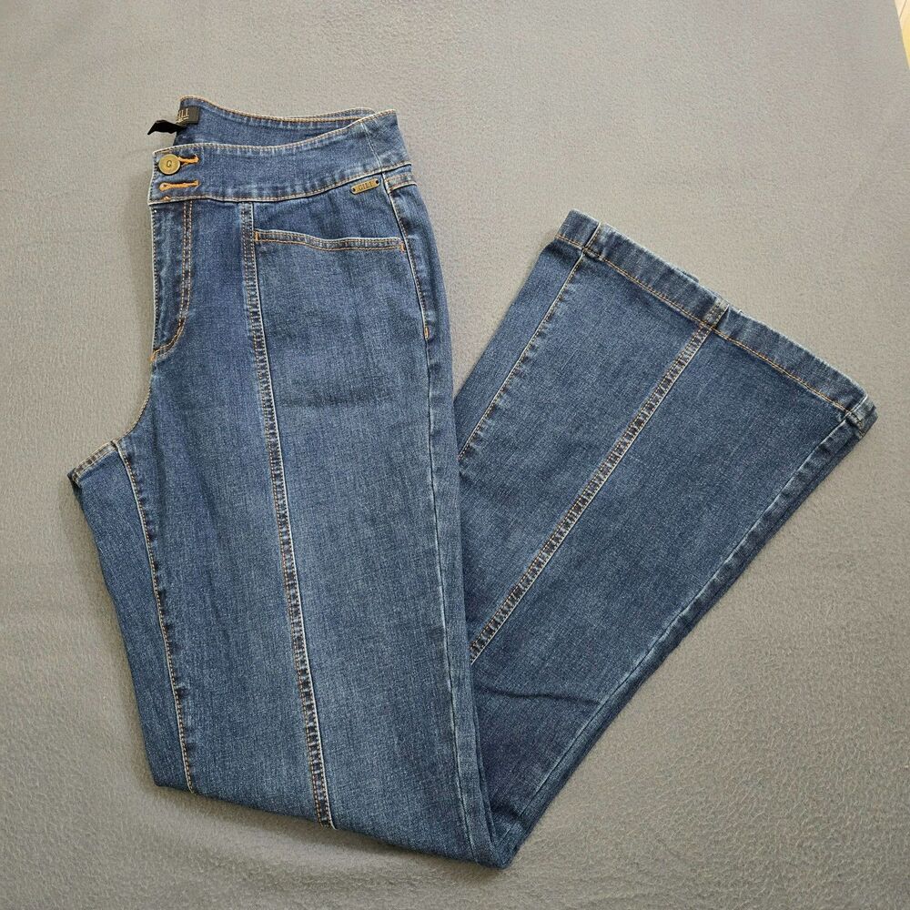 G.I.L.I. Women 10 Mid Rise Dual Stretch Back Slit Flared Denim Jeans Y2K